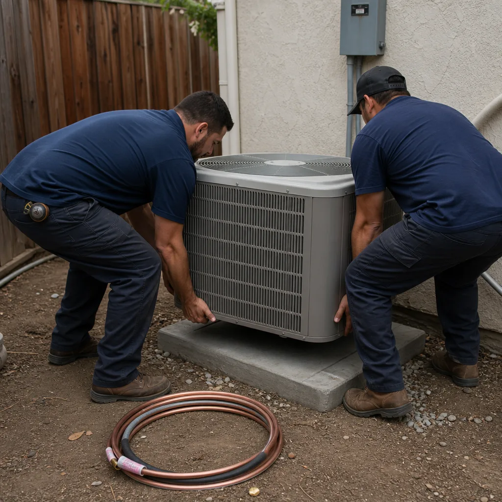 Two professional technicians installing an outdoor HVAC air conditioning unit
