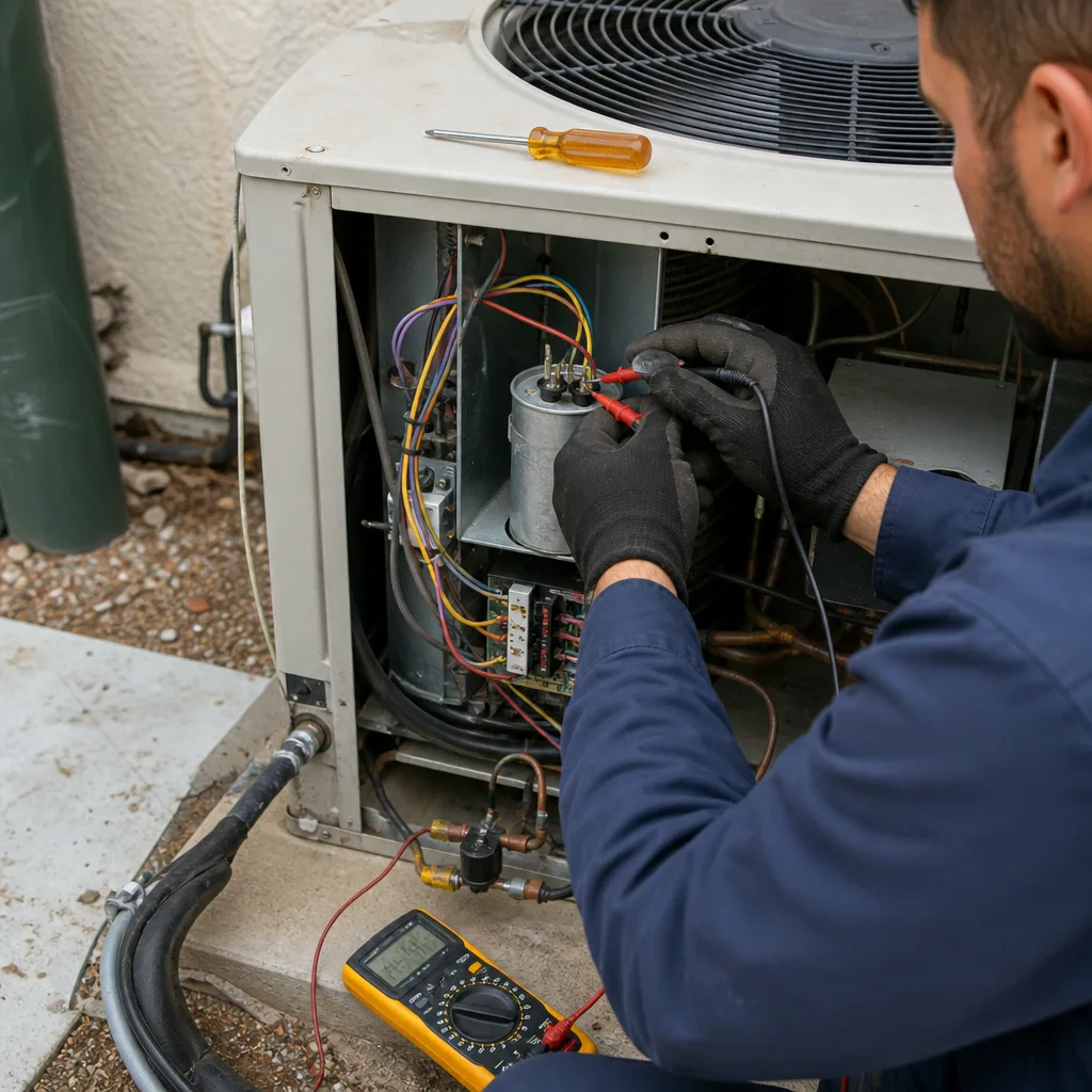 HVAC technician testing an air conditioner capacitor with a multimeter