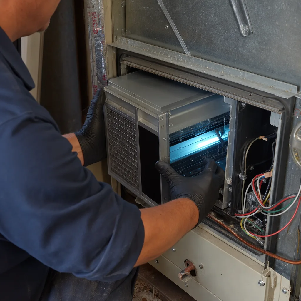 HVAC technician installing an ultraviolet air purification system in a furnace