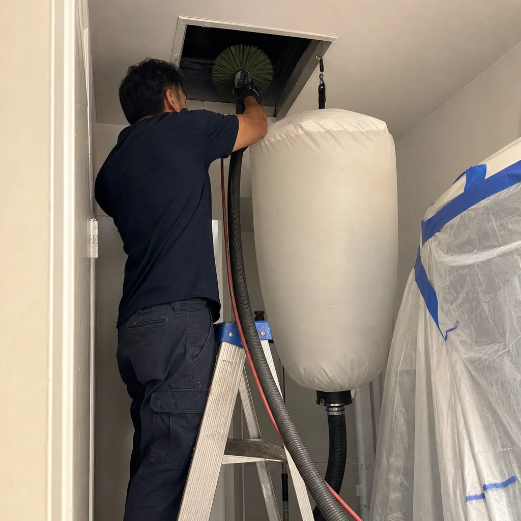 HVAC technician performing professional air duct cleaning and ventilation maintenance