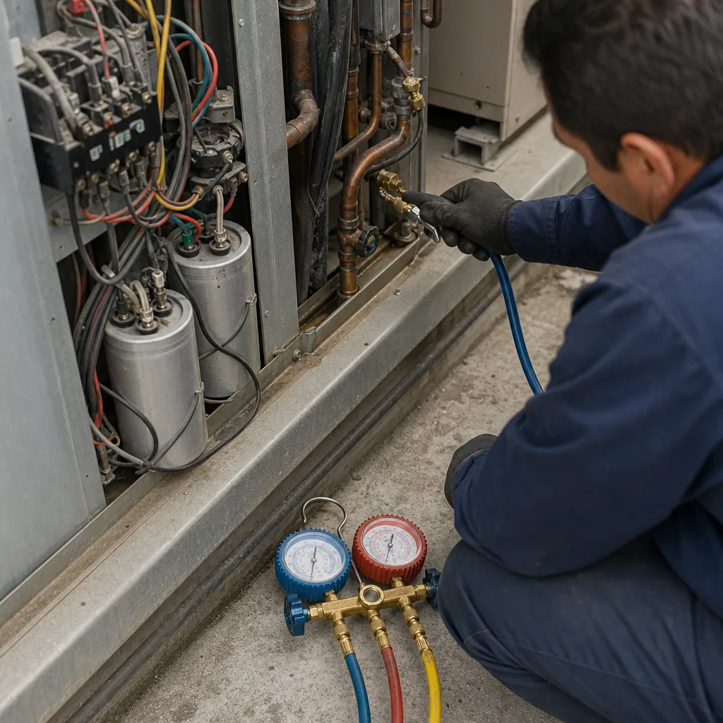 HVAC technician servicing a commercial air conditioning system with pressure gauges.