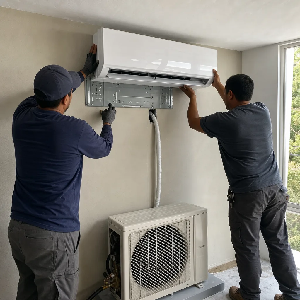 Two technicians installing a wall-mounted mini-split heat pump system