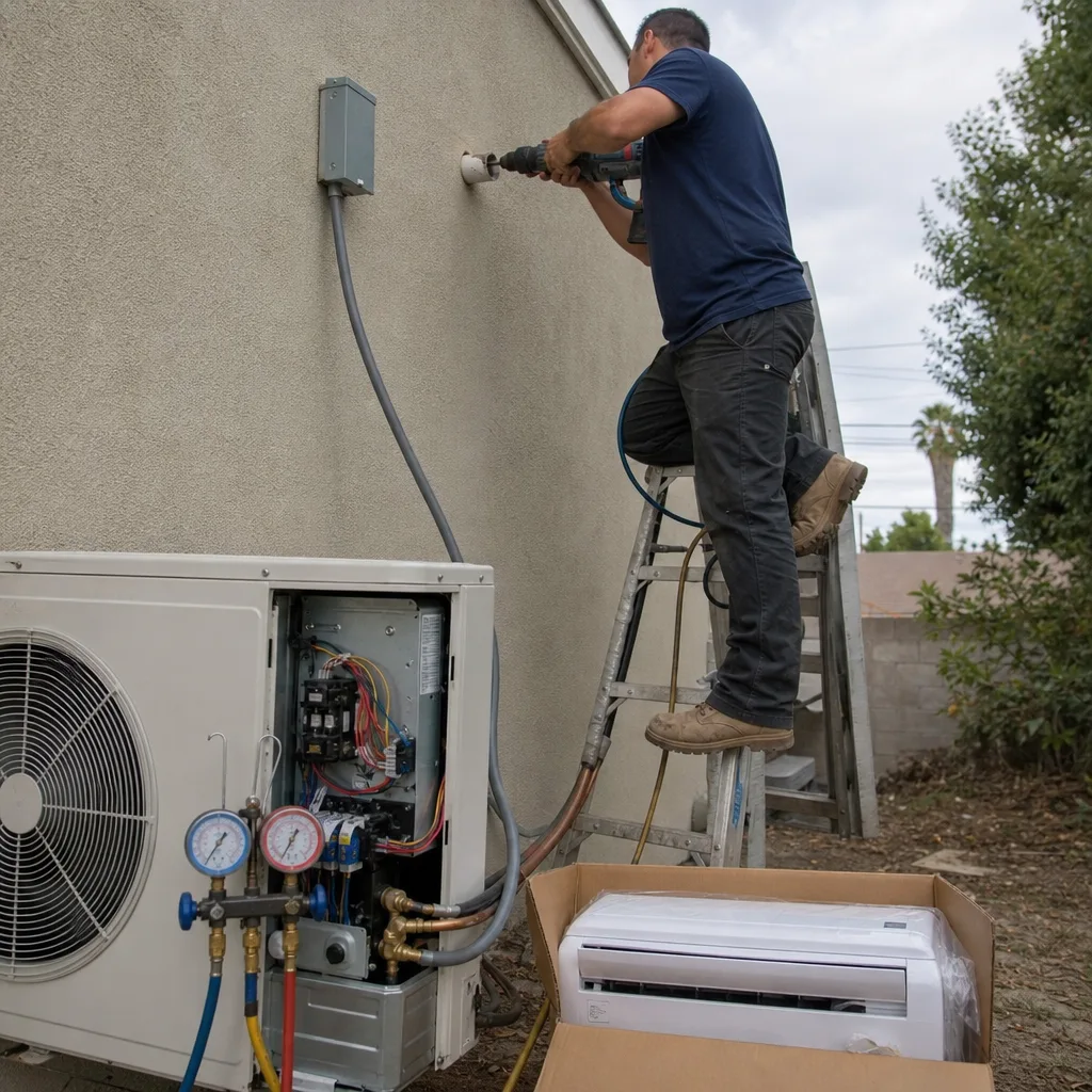 HVAC technician installing a heat pump and mini-split system