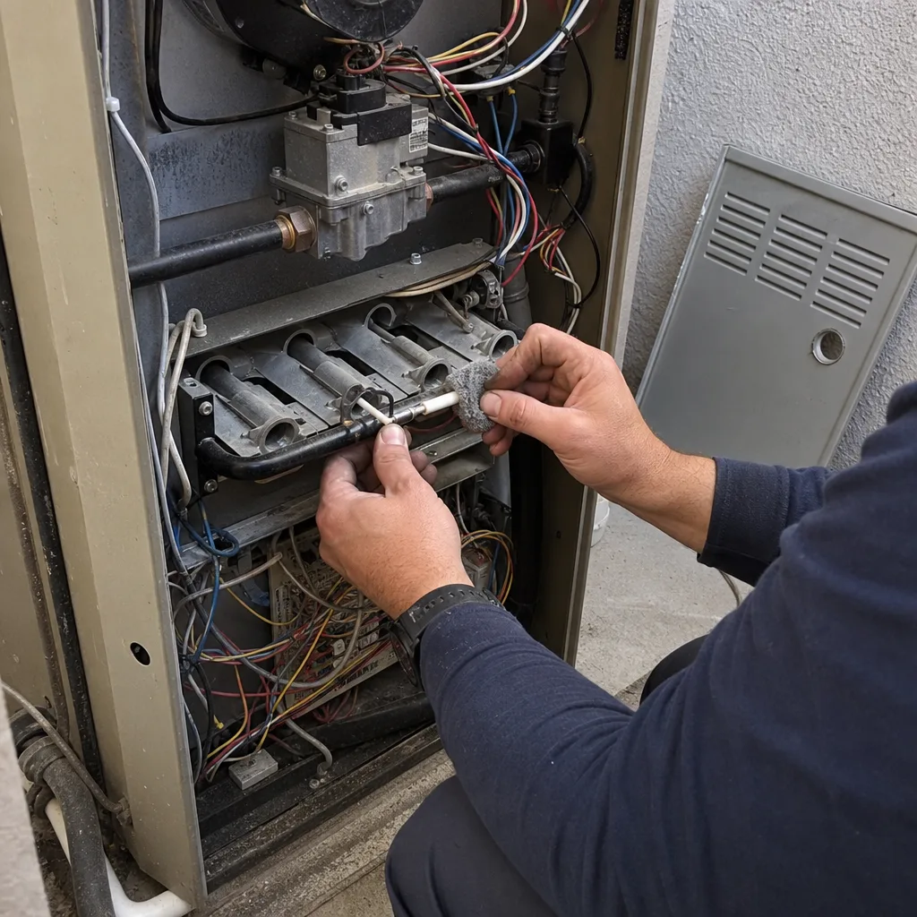 HVAC technician cleaning furnace flame sensor for routine maintenance