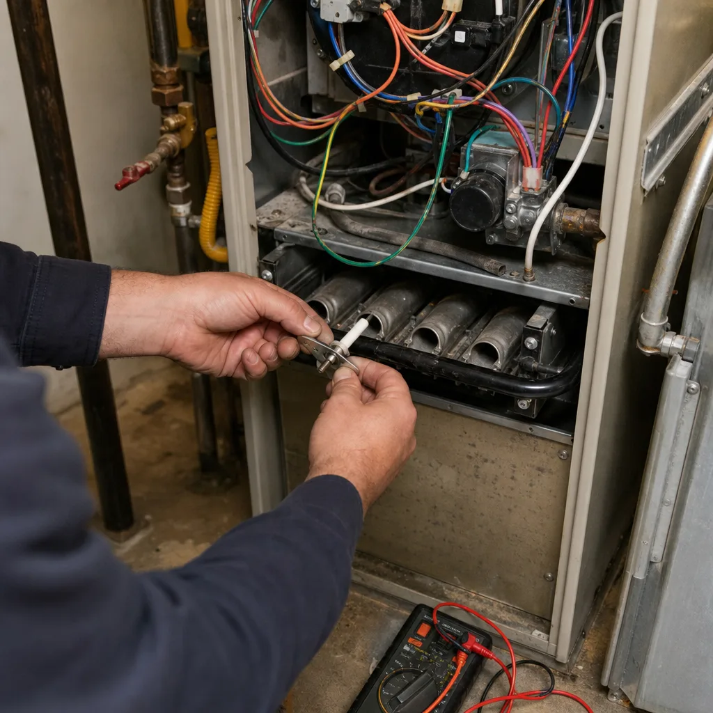 HVAC technician performing maintenance and testing on a home furnace system