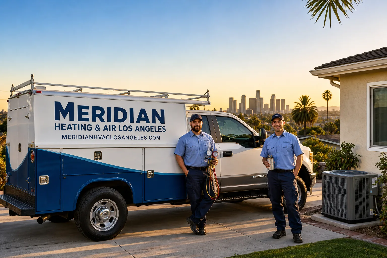 Meridian Heating & Air Los Angeles service vehicle and crew in Los Angeles, CA